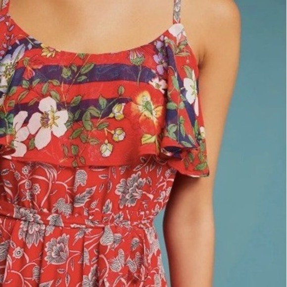 One September Anthropologie Red Floral Ruffle Maxi Dress Petite Small SP - Picture 2 of 9